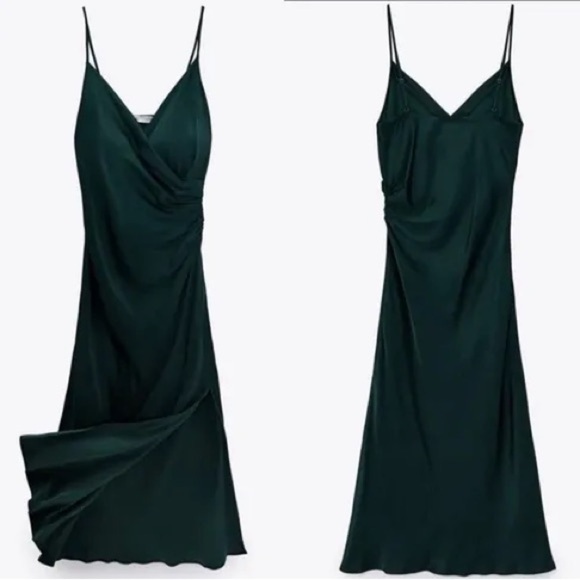 Zara Blogger Favorite Draped Satin Midi Slip Dress dark Green Size XS - Picture 1 of 9